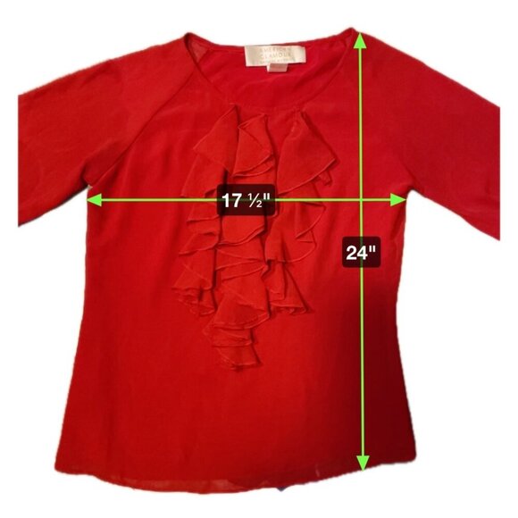 American Glamour Badgley Mischka Red Romantic Ruffle Puff Sleeve Top Sz S - Picture 7 of 8